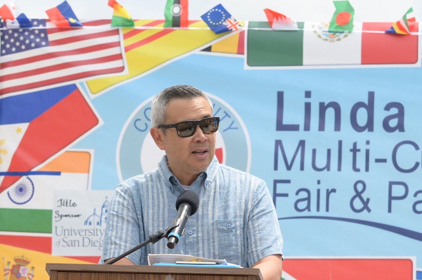 USD Associate Vice President for Community Engagement and Anchor Initiatives Chris Nayve addresses attendees of the 2025 Linda Vista Multicultural Street Fair (photo: Lauren Radack)