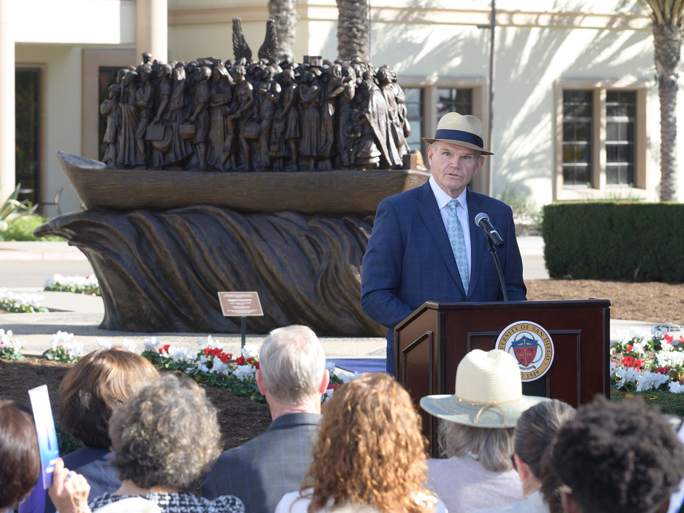 USD President James T. Harris III, DEd, speaks during a dedication for Angels Unawares.
