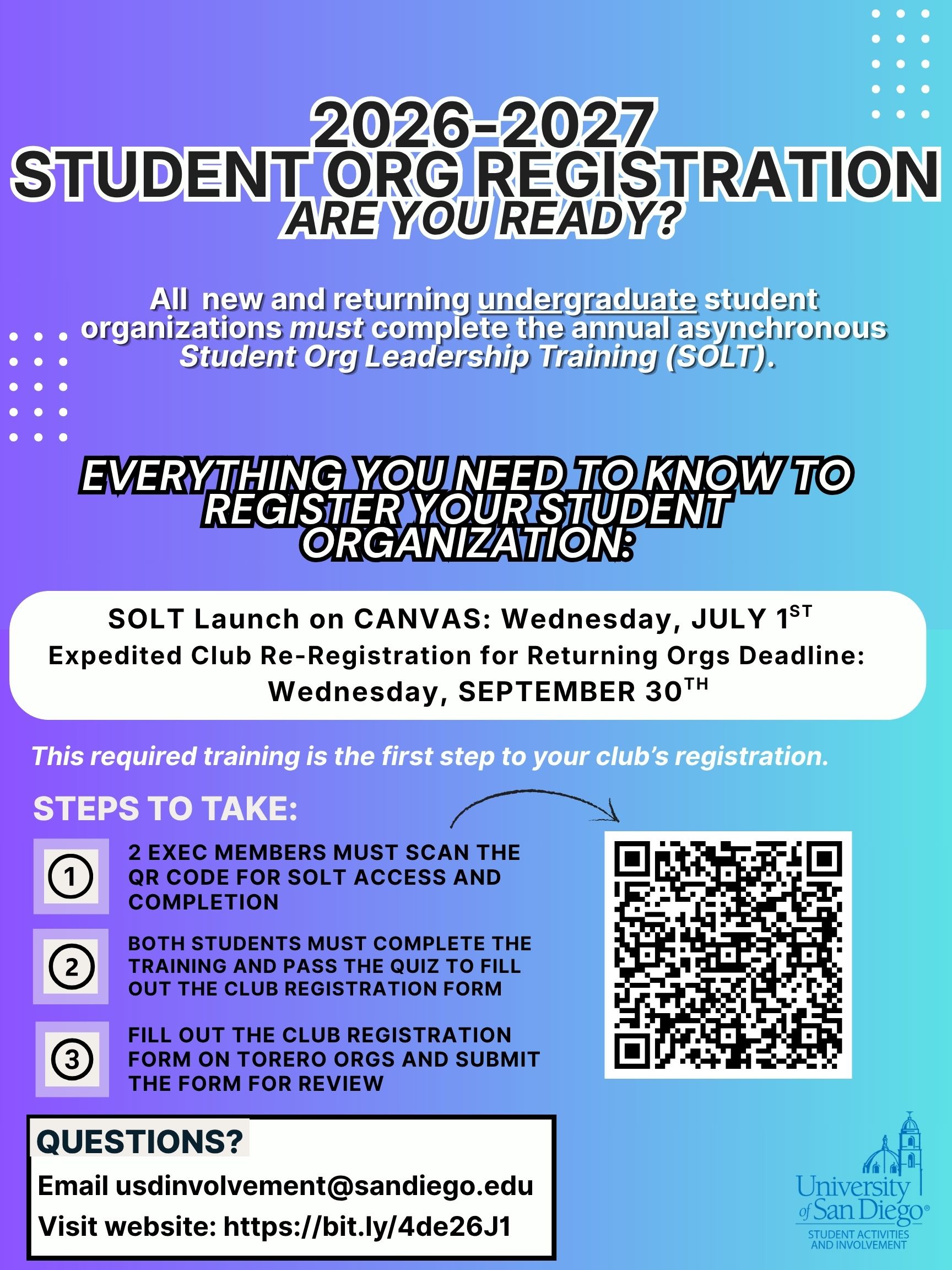 A flyer for "Student Org Leadership Training" at the University of San Diego. The training is asynchronous. Key deadlines are listed: Expedited Club Registration is July 1st - Sept 30th, and regular registration is Oct 1st - April 1st. Two exec board members must complete the training. For questions, email usdinvolvement@gmail.com. A QR code is provided.