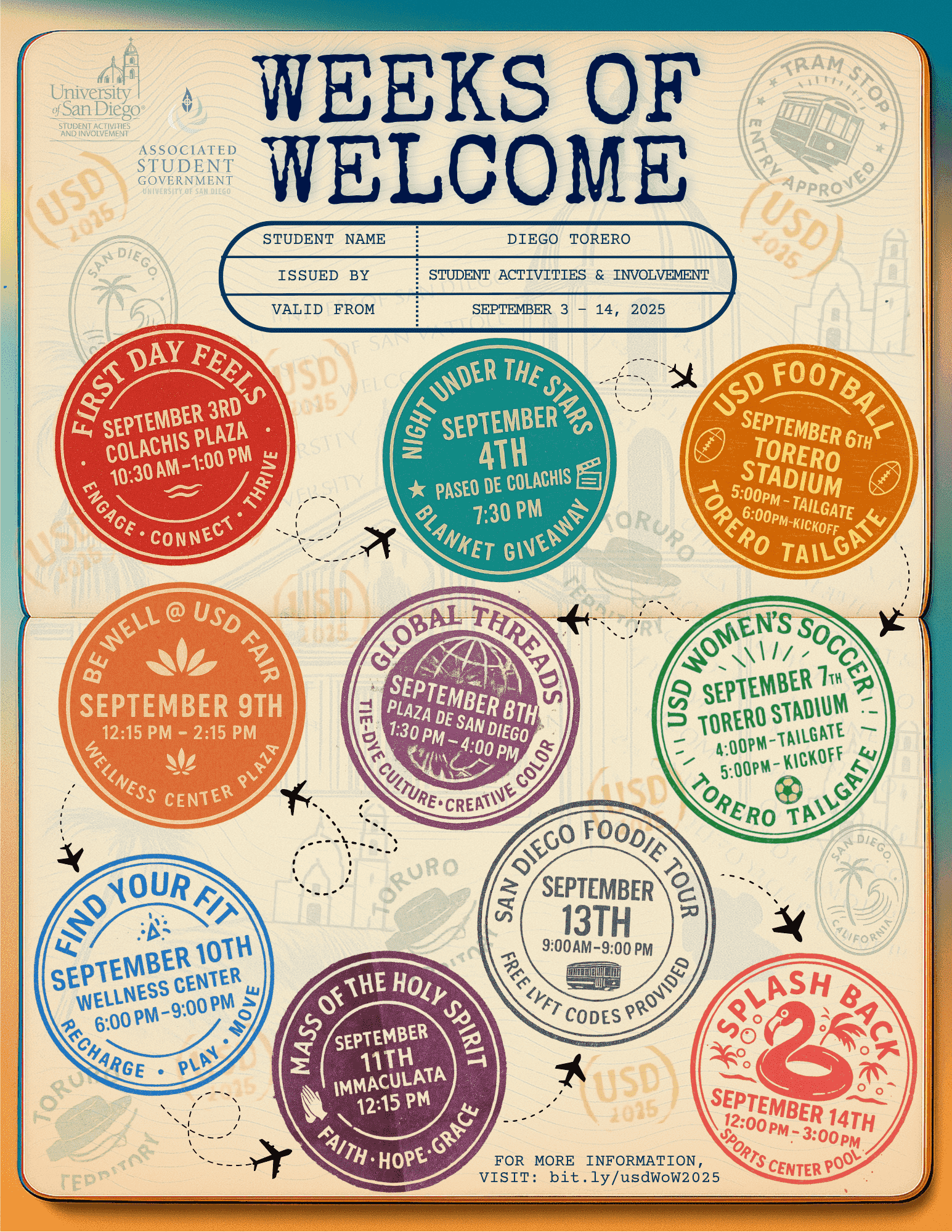 A passport-themed flyer for USD's