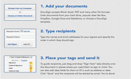 Docusign getting started: 1. Add your Documents 2. Type you recipients 3.) Place your tags and send it