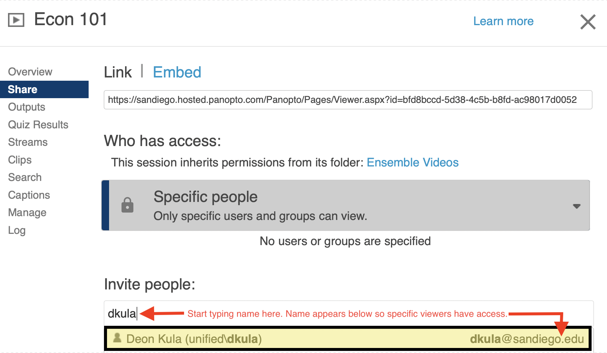 panopto share course individual link autopopulate
