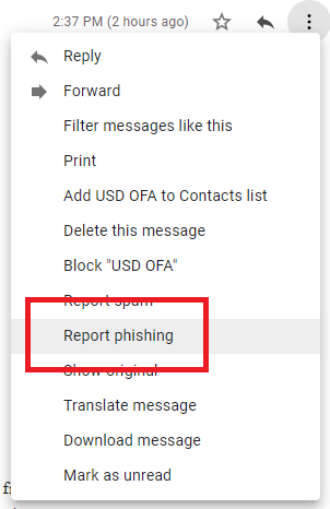 Menu in Gmail for reporting phishing