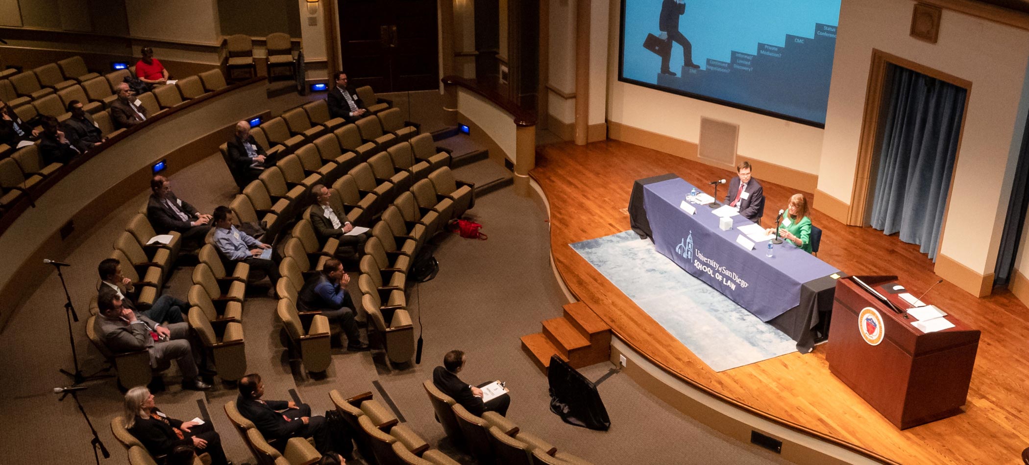 A presentation in progress in the institute for peace and justice theatre
