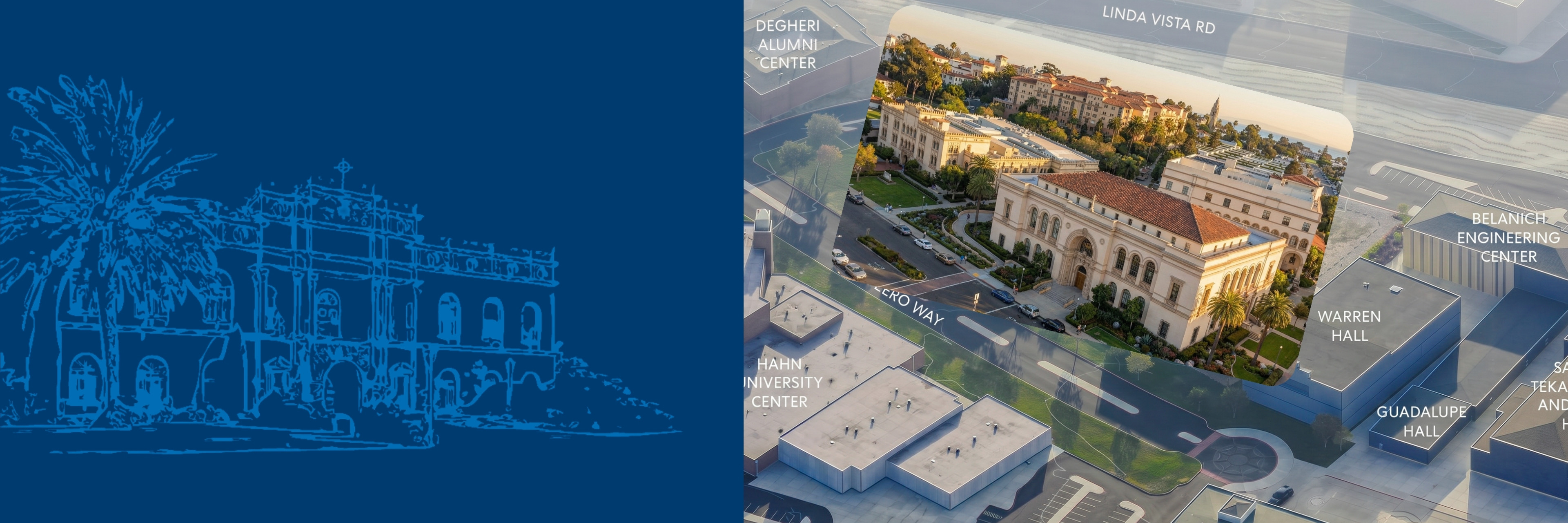 Hero banner image of Gensler rendition of new USD school of law buildings placed over a current map of USD campus buildings