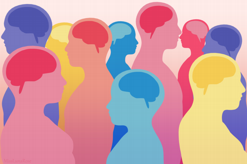 The outline of several people in primary colors. Each person's brain is also outlined in a darker or lighter version of the same color.