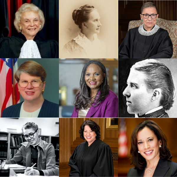 Pictured left to right, top to bottom: Sandra Day O'Connor; Belva Lockwood; Ruth Bader Ginsburg; Janet Reno; Deborah Enix-Ross; Arabella Mansfield; Pauli Murray; Sonia Sotomayor; Kamala Harris