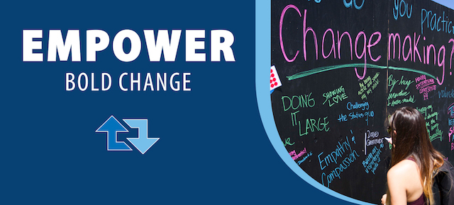 Card reading "Empower Bold Change" with image of blackboard with chalk writing on it