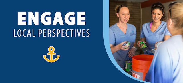 Card reading "Engage Local Perspectives" with image of three women adding cans to food drive bucket
