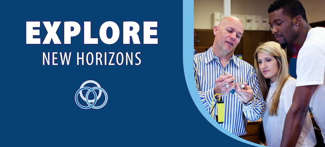Card reading "Explore New Horizons" with image of classroom
