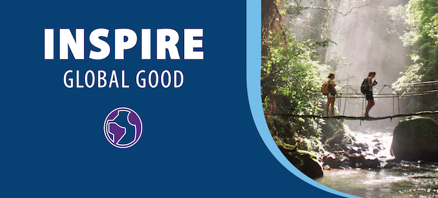 Card reading "Inspire Global Good" with image of two people crossing a bridge in a forest