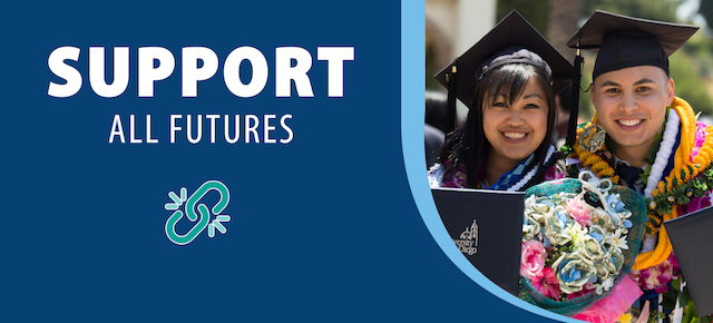 Card reading "Support All Futures" with image of two graduates
