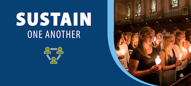 Card reading "Sustain One Another" with image of students holding candles in a church