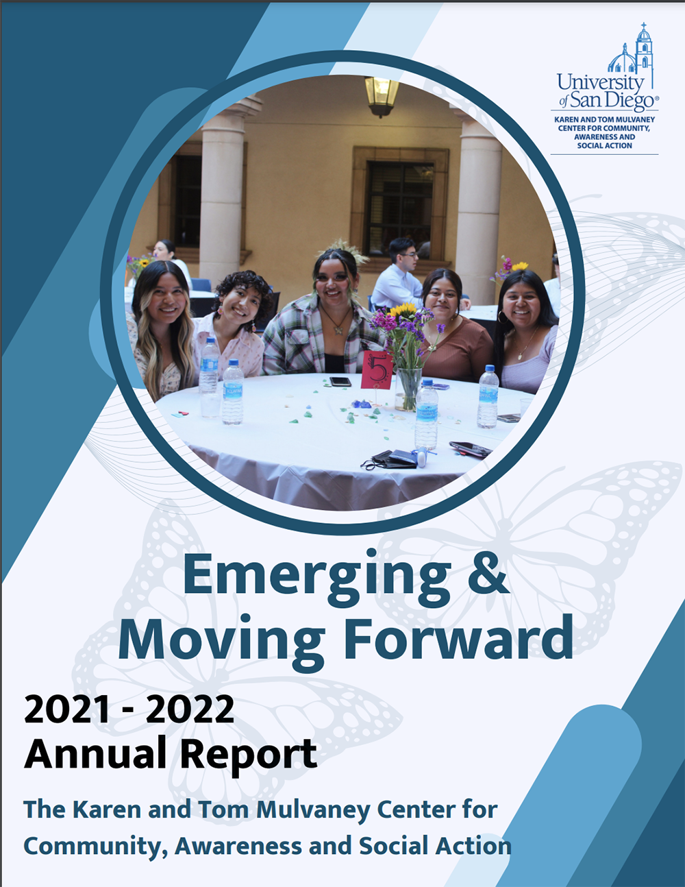MCCASA - annual report cover image, with text that says Emerging and Moving Forward, 2022-2022 annual report for the karen and tom mulvaney center for community, awareness and social action USD