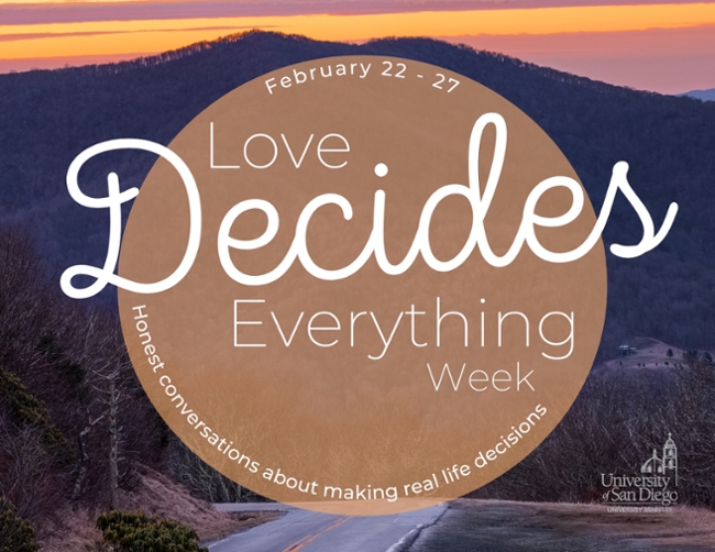 Love decides everything flier with a golden sunset on the horizon in the background