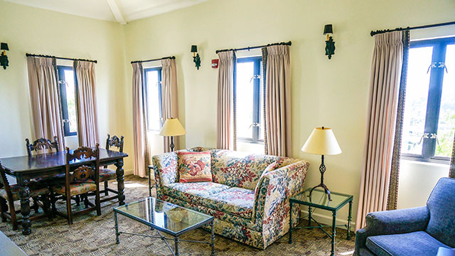 Suite style hotel room with ornate decorations