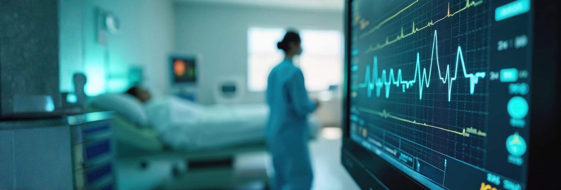 Critical care clinical setting with patient monitoring equipment displaying vital signs and a nurse in the background providing bedside care