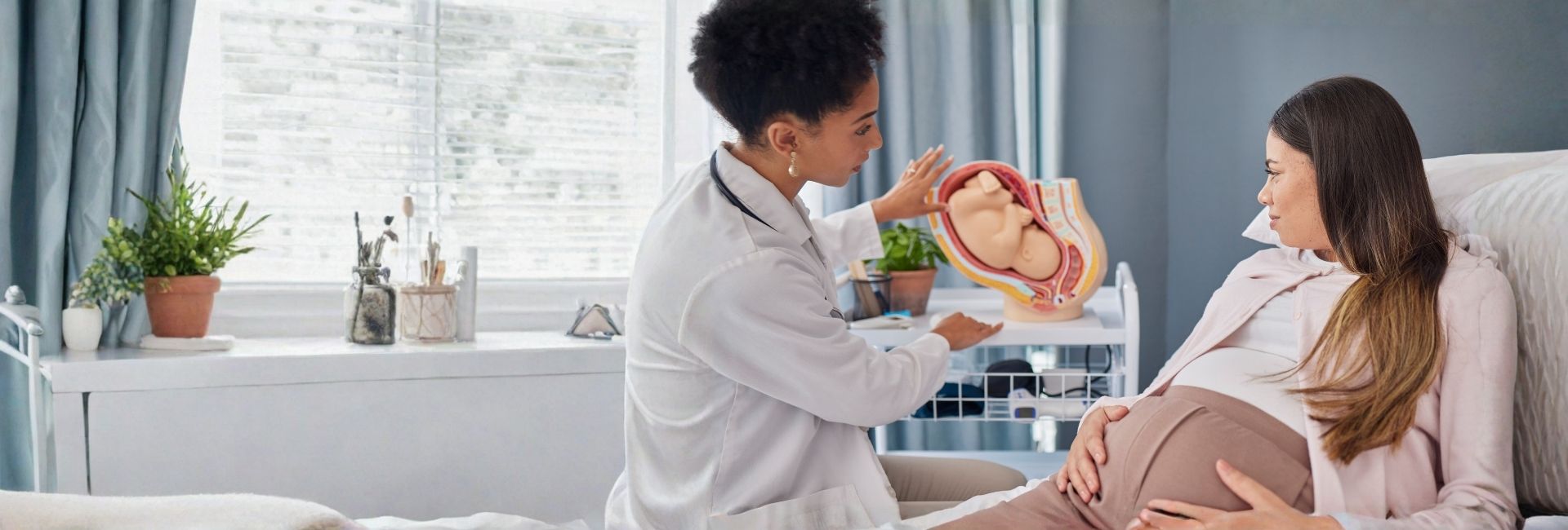 Perinatal clinical nurse specialist consults with a pregnant patient using an anatomical model in a clinical setting.