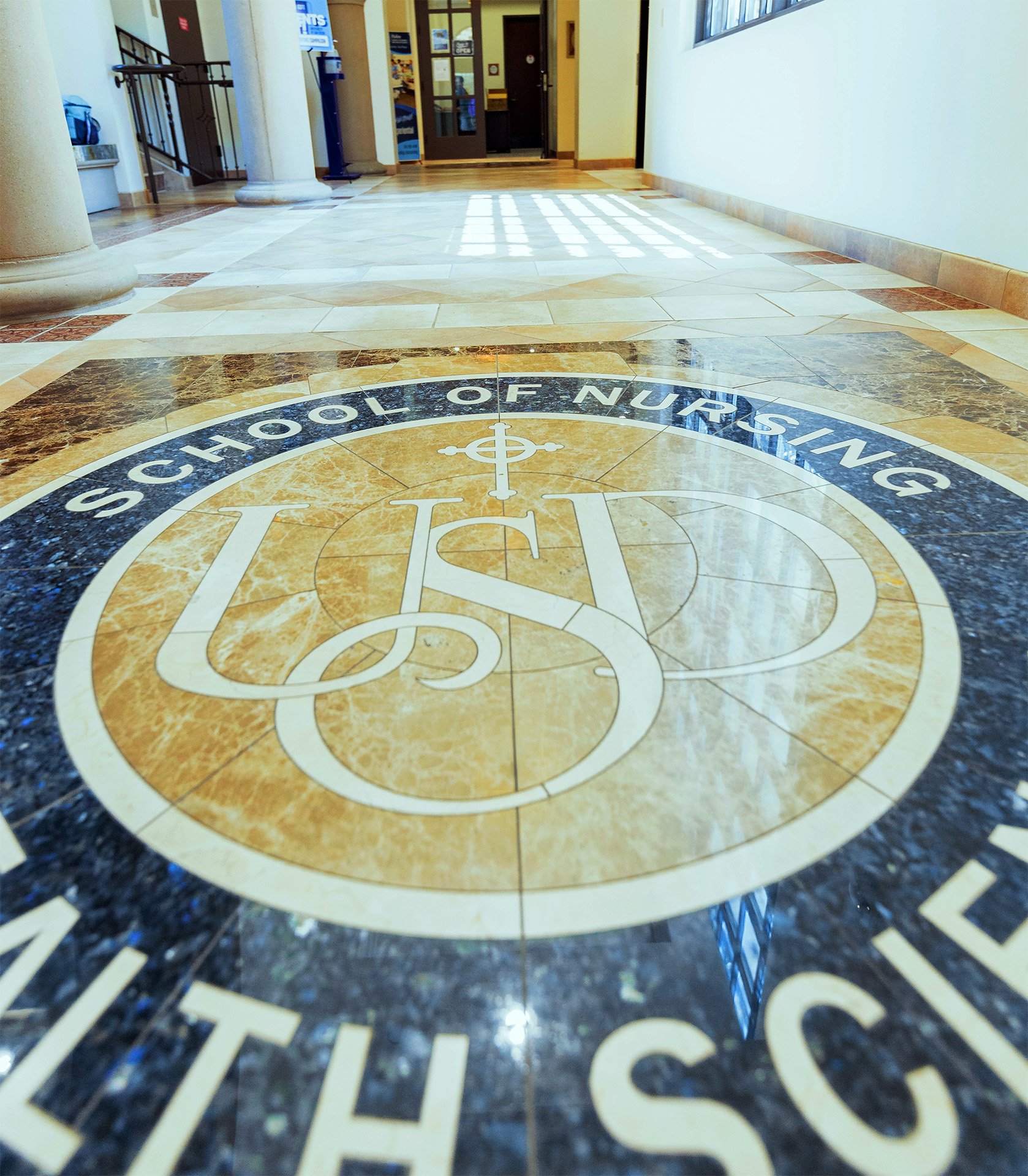 USD Hahn School of Nursing seal on BINR floor