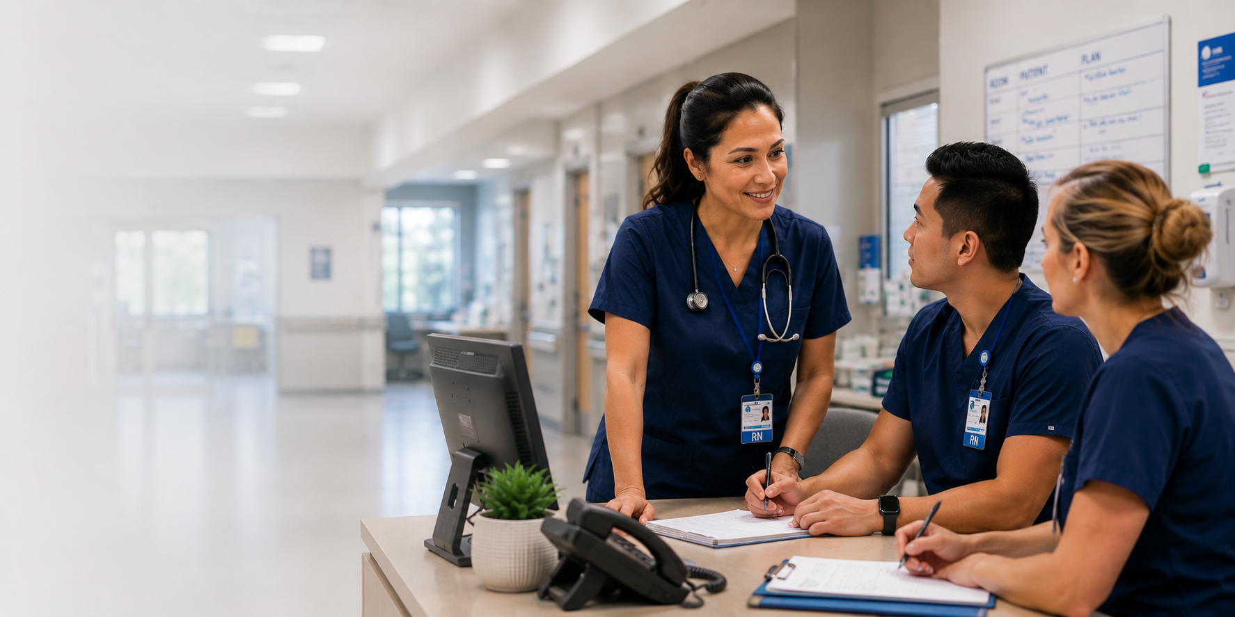 charge nurse at nursing station speaking to other nurses at hospital