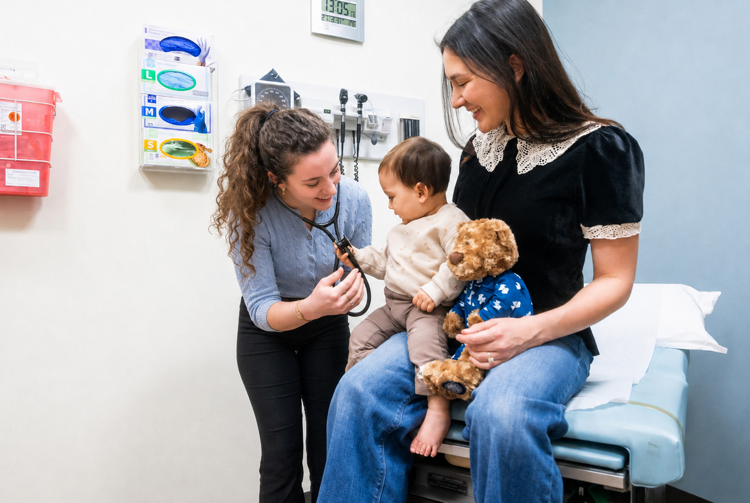 Nurse practitioner examines baby while mother holds her