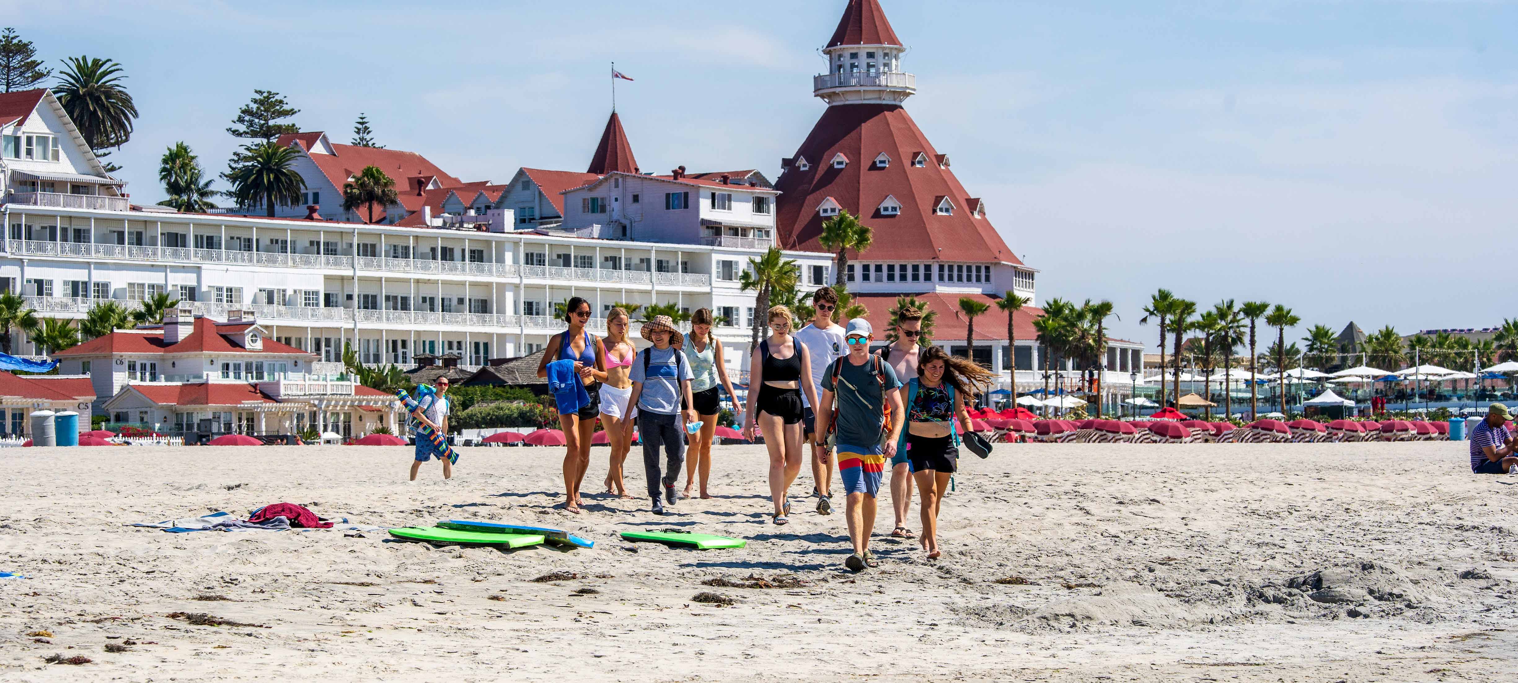Group walking on beach in front of Hotel Del Coronado