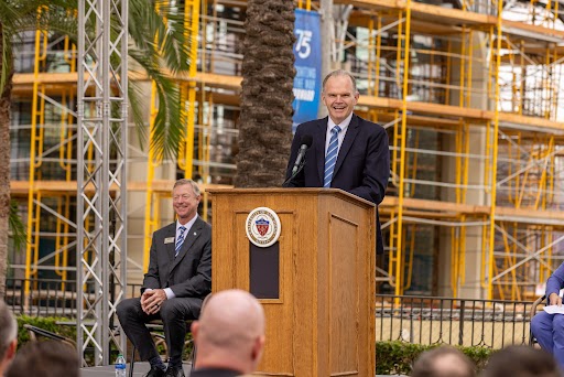 USD President James T. Harris III, DEd, addresses the crowd at the USD/Palomar Health partnership event at the University of San Diego. Photo: Alé Delgado