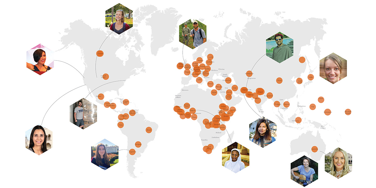 Student and alumni photos and location indicator dots ranging over a map of the earth.