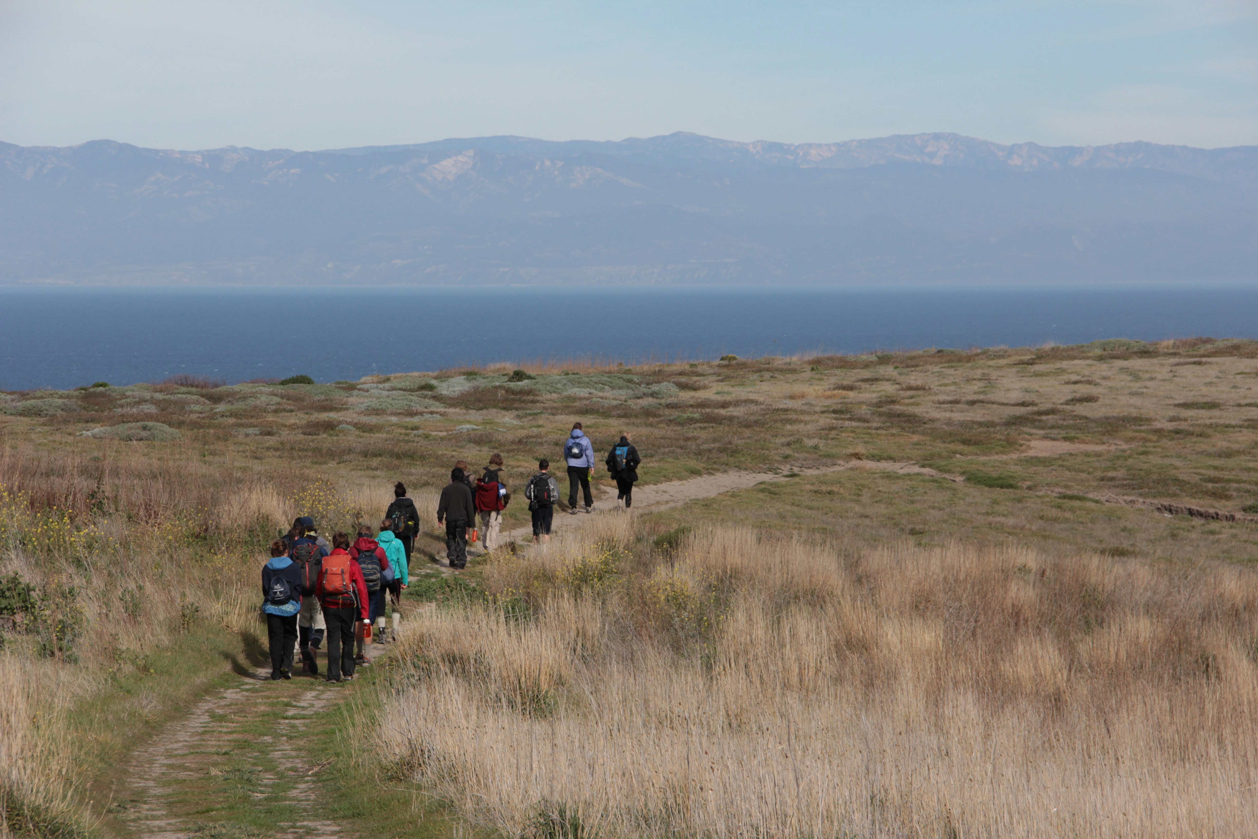 Group of students hiking over valley, with ocean view in the background