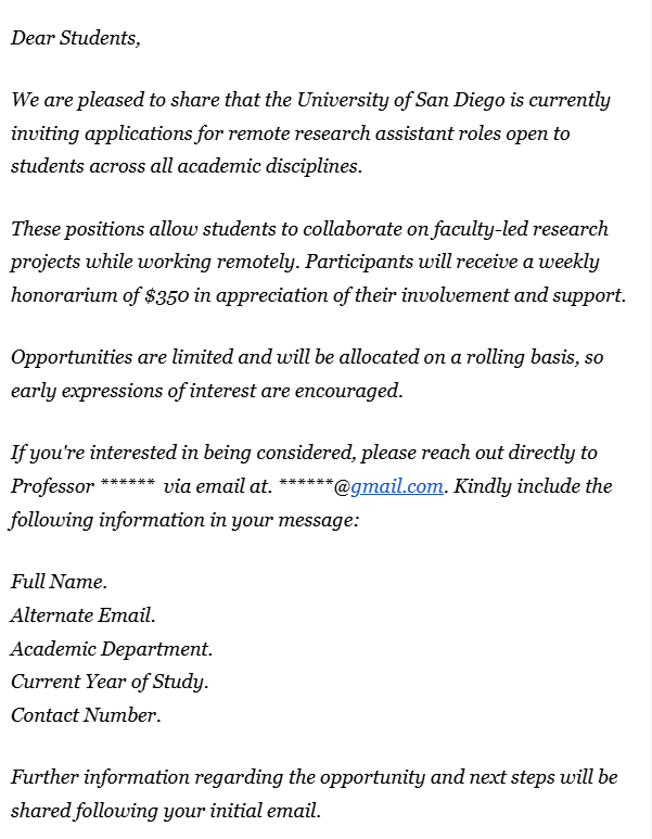 Alt Text: Announcement letter inviting students to apply for remote research assistant positions at the University of San Diego, detailing application process and compensation.