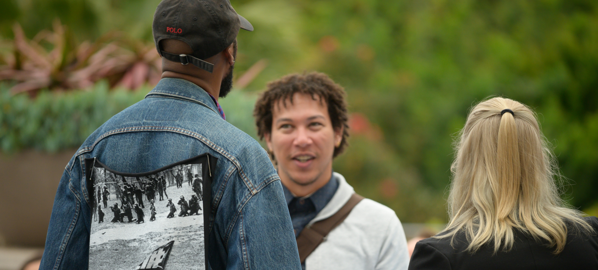students talking outside