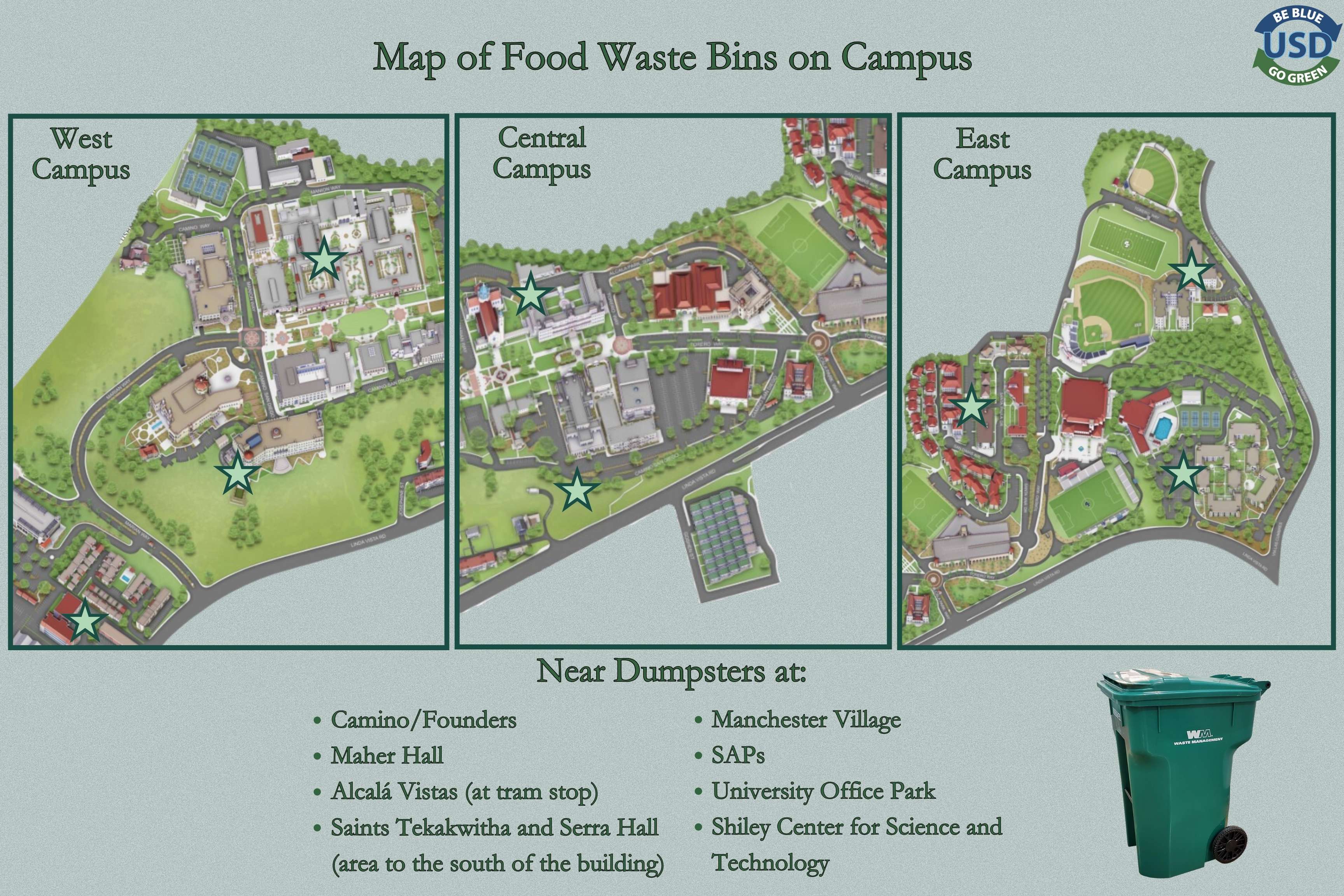 map of food waste bins on USD's campus