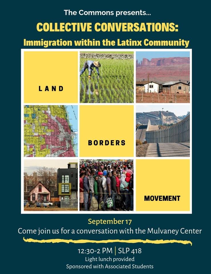 Flyer for Collective Conversations which includes the theme land, borders and movement.