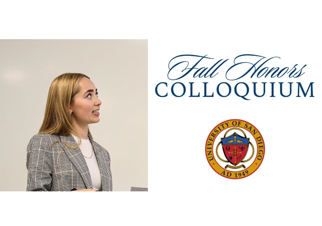 Image of a blonde female-presenting student conducting a presentation with the words: Fall 2024 Honors Colloquium.