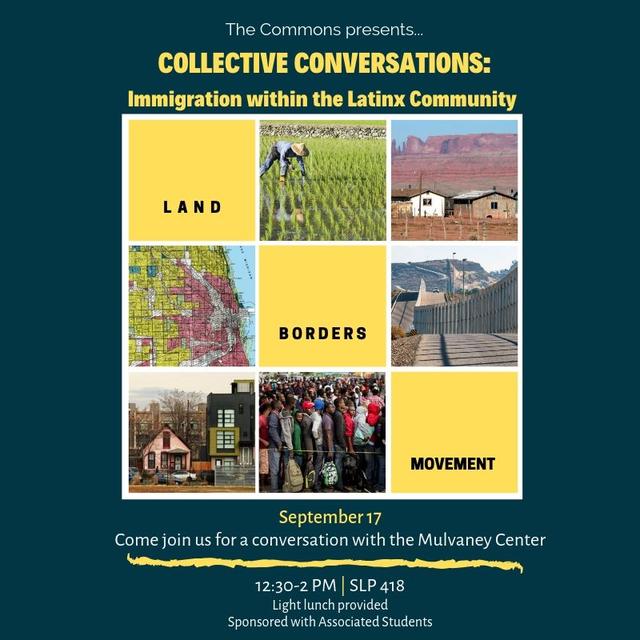 Flyer for Collective Conversations which includes the theme land, borders and movement.