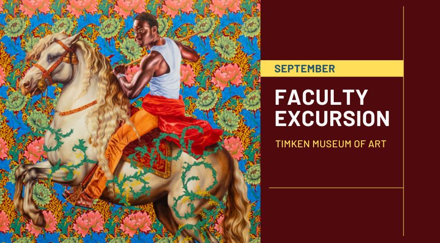 Painting of a Black male riding a horse against an ornate multicolored background with multicolored text that reads: "September Faculty Excursion: Timken Museum of Art"