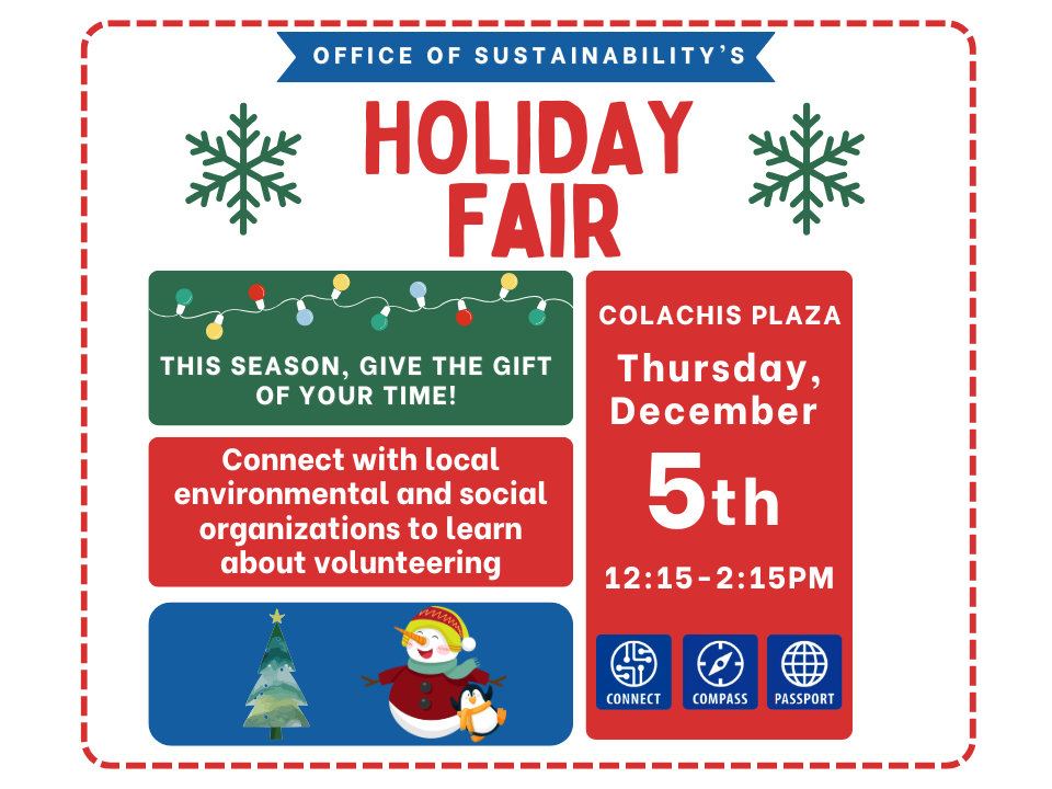 Office of Sustainability Holiday Fair flyer with event details and holiday graphics.