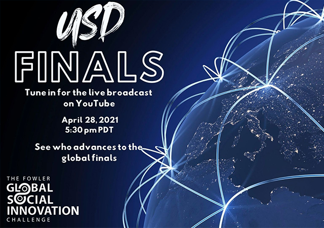 Flyer with the Fowler GSIC logo and the information for the USD Finals event which will be broadcast on YouTube on 4/28 at 5:30 p.m. and will determine who will go to the global finals.