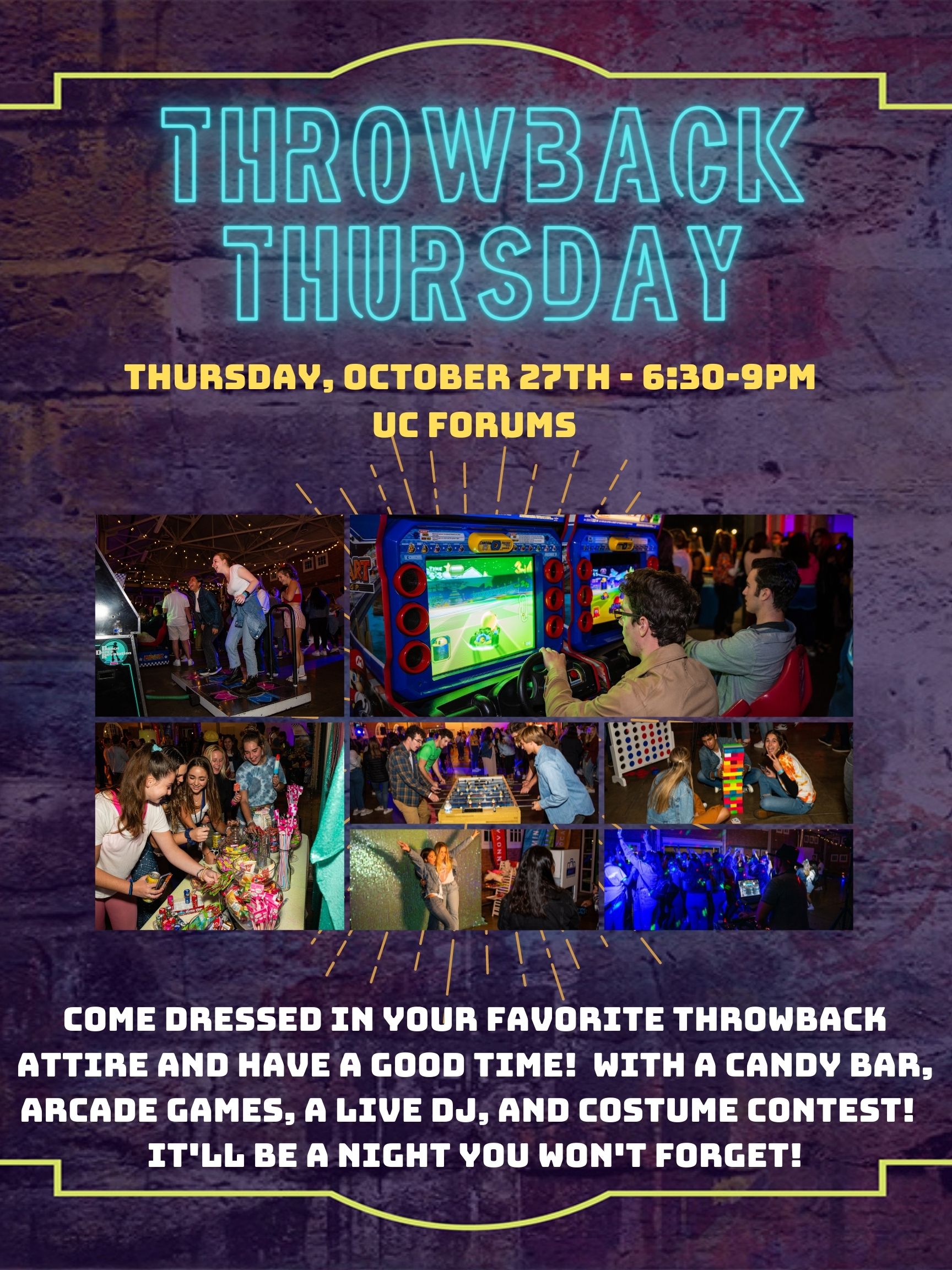 Flier of throwback thrusday with picture of games and Dj 