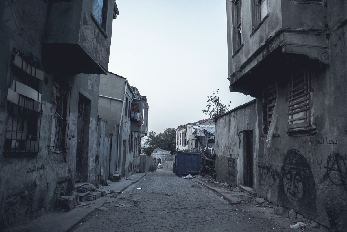 Abandoned buildings in grayscale