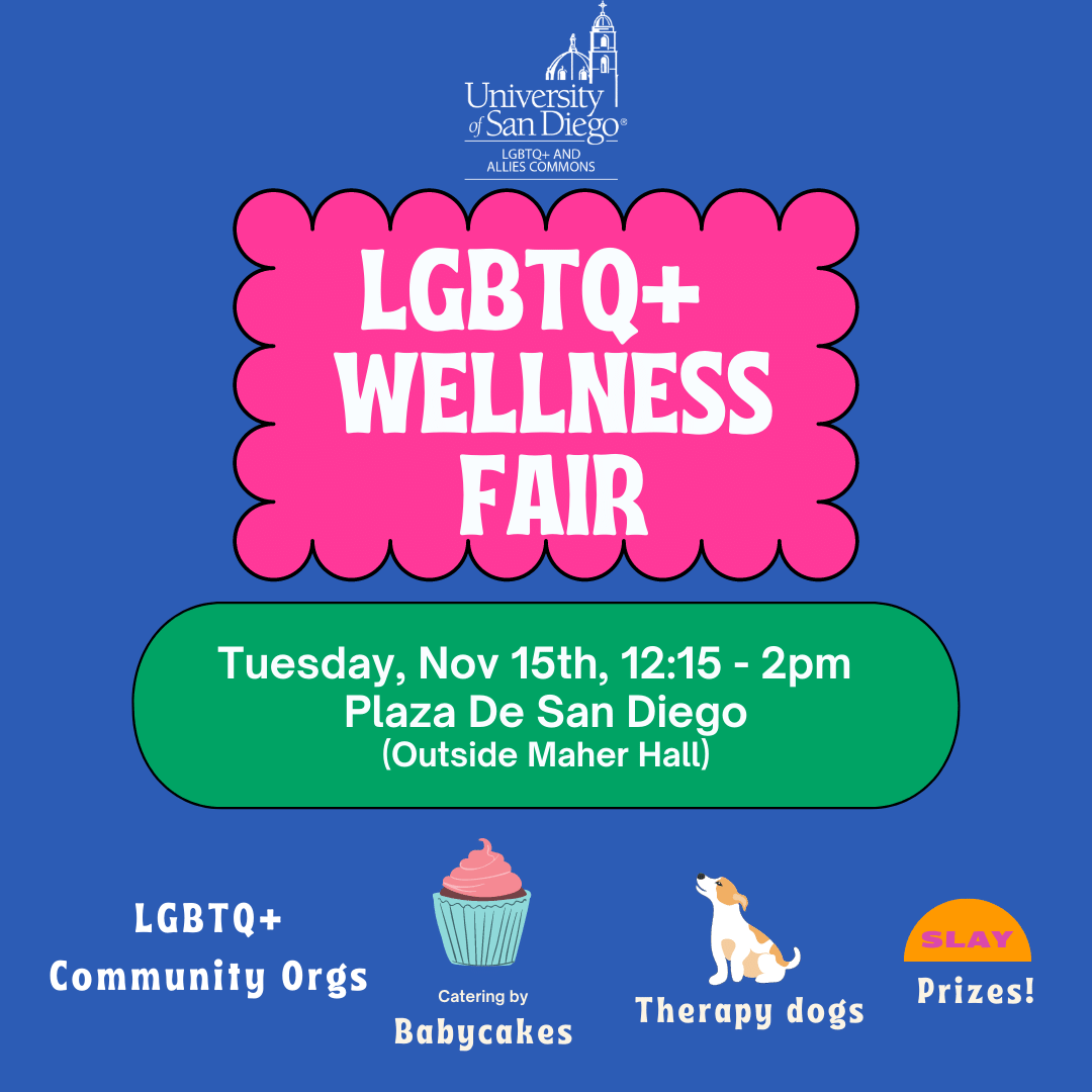 Blue background, pink box with LGBTQ+ Wellness Fair, green box  with Tuesday, 11/19, 12:15-2pm, Plaza de San Diego (outside Maher Hall) image of cupcake, dog with words catered by Babycakes, Therapy D