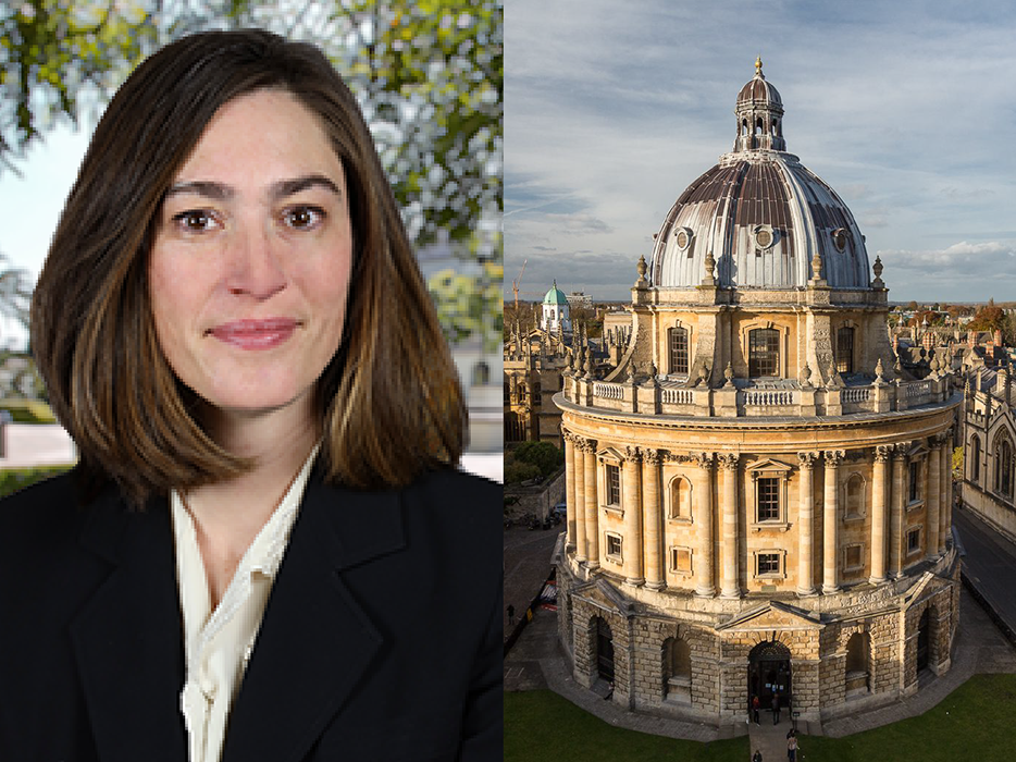 On the left is a headshot of Dr. Stacie Vos wearing a black suit. On the right is a photograph of the Bodleian Library at the University of Oxford. It is a large, intricate building with a dome on top.