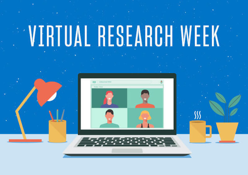 An animated computer screen showing a virtual meeting with Research Week text
