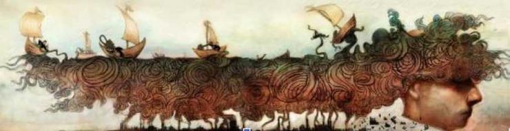 Head with ships sailing in hair