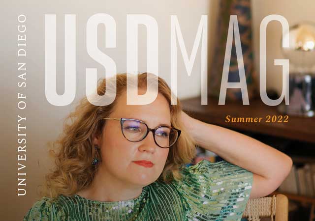 Cover image of Summer 2022 USD Magazine features alumna Jessica Beck looking pensive