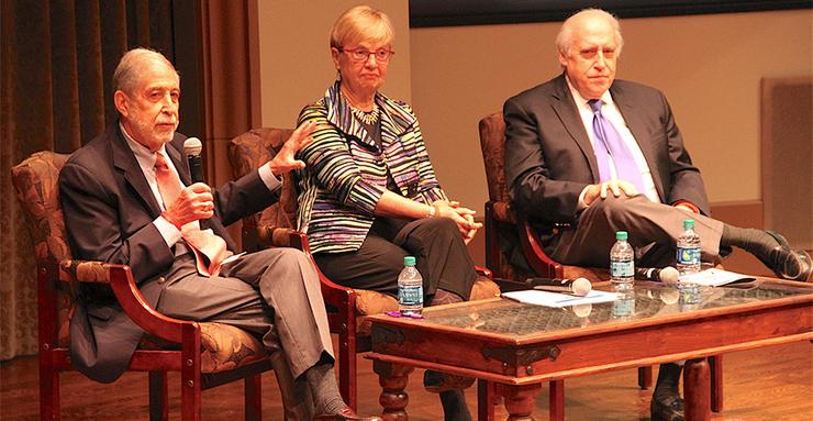Former Congressmen Mickey Edwards, far left, and Dan Glickman, and National Institute for Civil Discourse Executive Director Carolyn Lukensmeyer, discuss rebuilding civility in a divided nation.