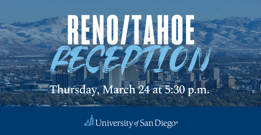 Skyline of Reno with a blue overlay and paint stroke lettering that reads Reno/Tahoe Reception