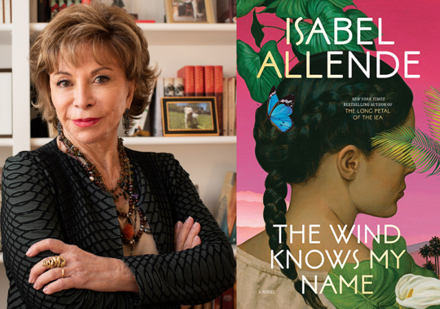 Headshot of Allende smiling in front of her bookshelf and a cover of the book, which is a painting of a woman in a long braid and blue butterfly in her hair, looking sideways with a palm front obscuri
