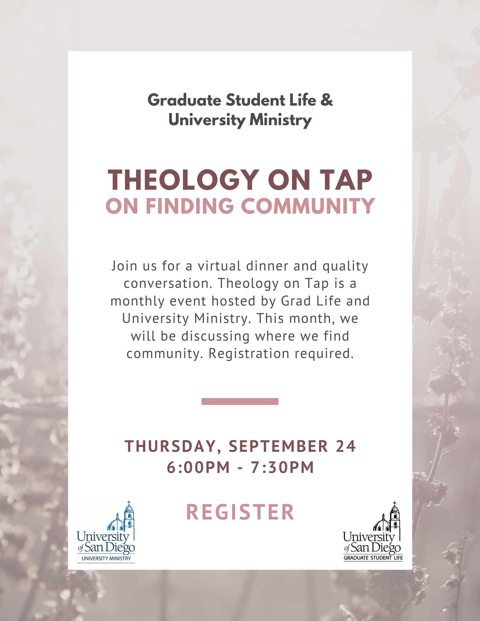 Theology on Tap Flyer, pale pink background with white box with text in black and dark pale pink