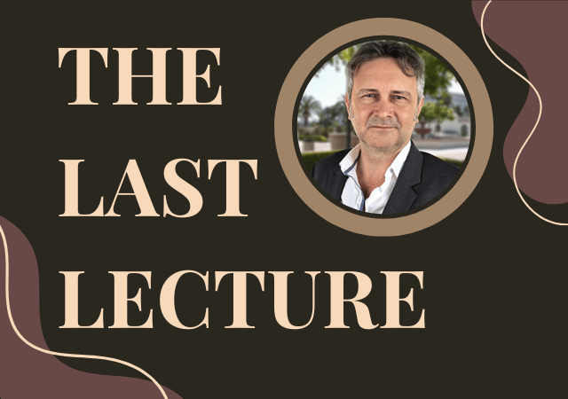 Dark brown background with the words "The Last Lecture" and a small circular image of Dr. Clack's smiling face.